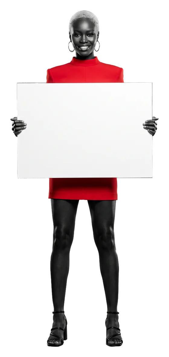 A woman holding a white board; the board reads: Run since 1889