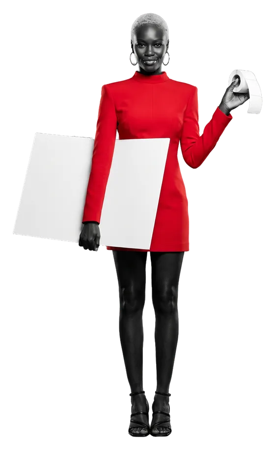 A woman peeling a label from a roll