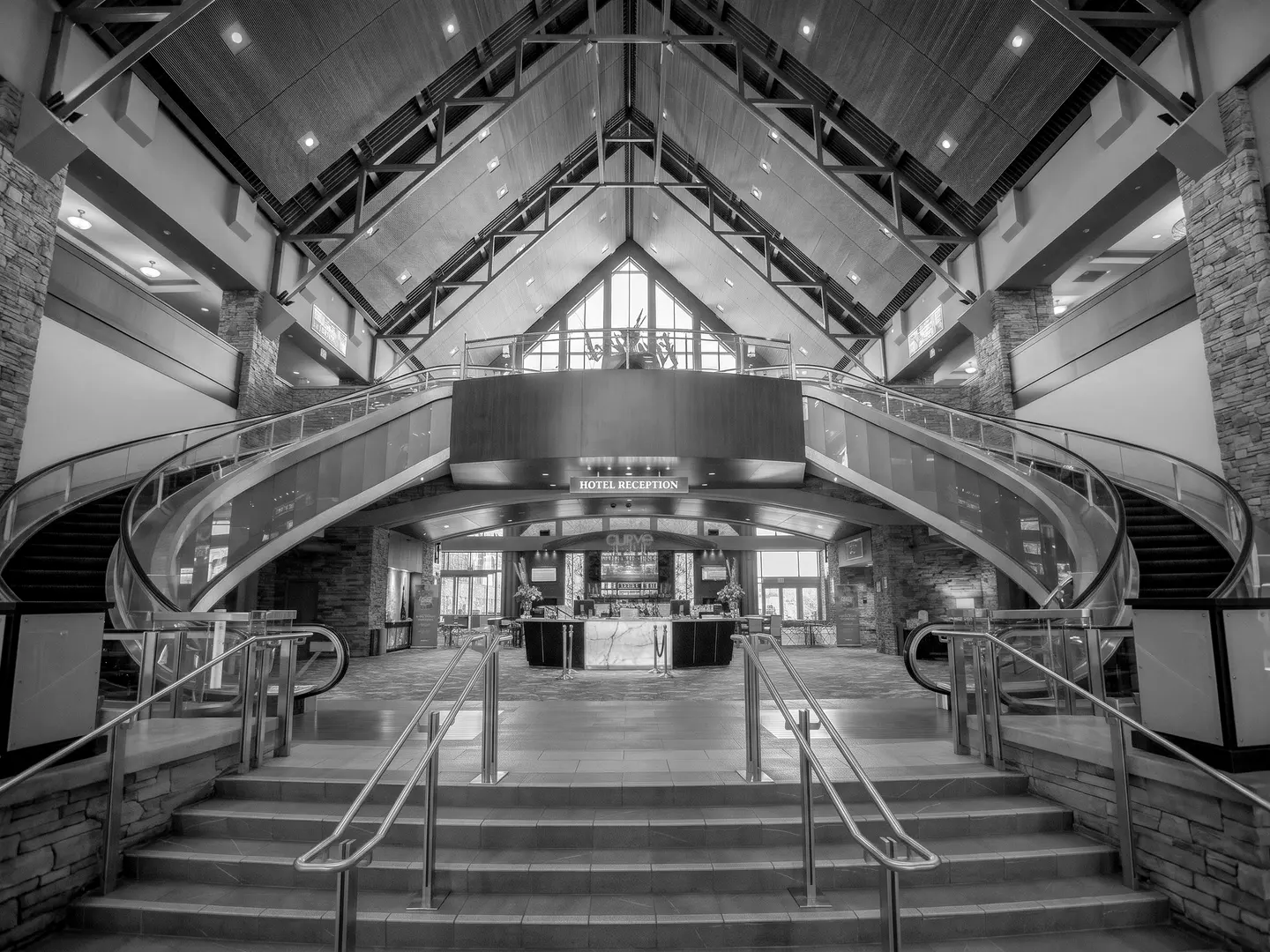 Twin escalators in the River Rock atrium